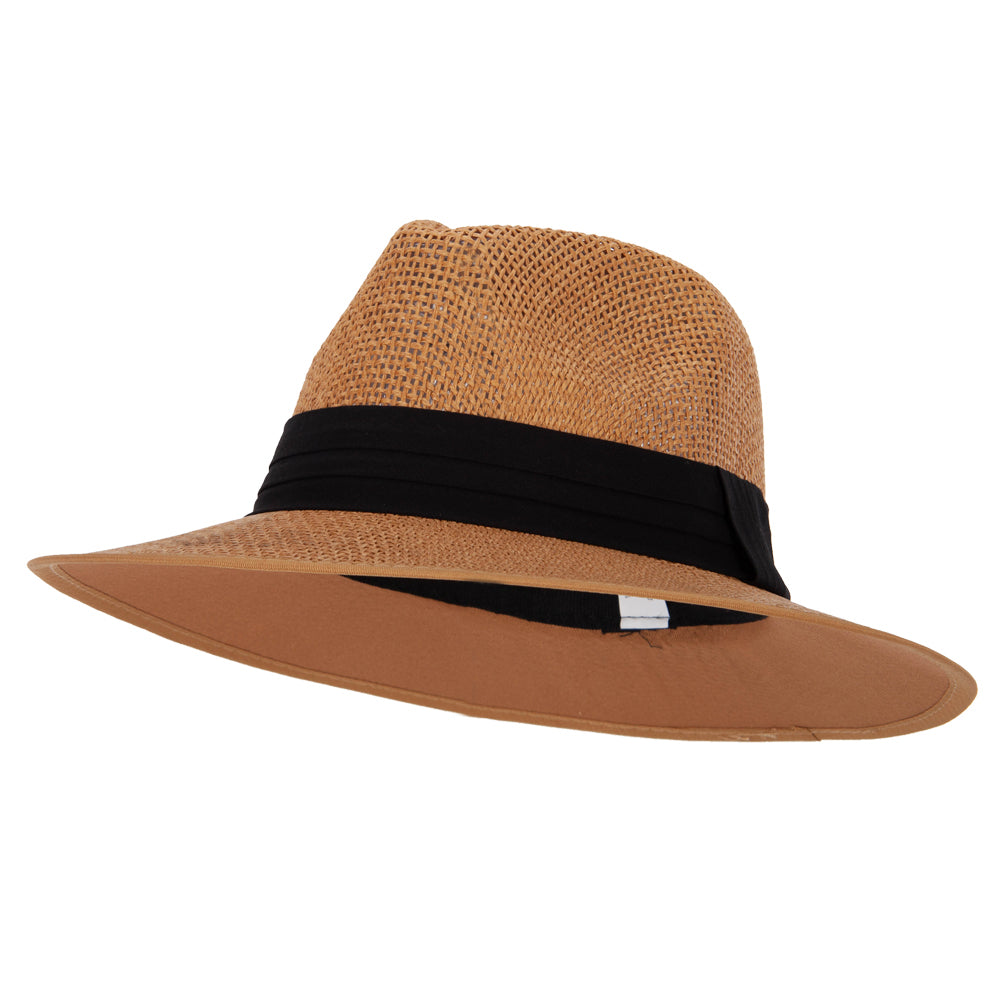 Unisex Paper Braid Open Weave Ribbon Accented Large Brim Fedora Hat - Bronze M