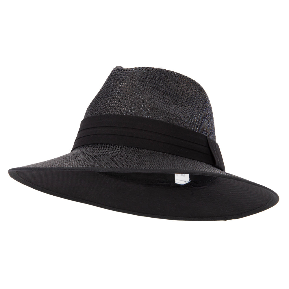 Unisex Paper Braid Open Weave Ribbon Accented Large Brim Fedora Hat - Black M