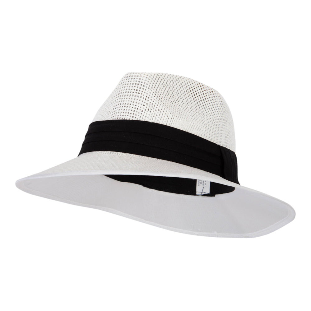 Unisex Paper Braid Open Weave Ribbon Accented Large Brim Fedora Hat - White M