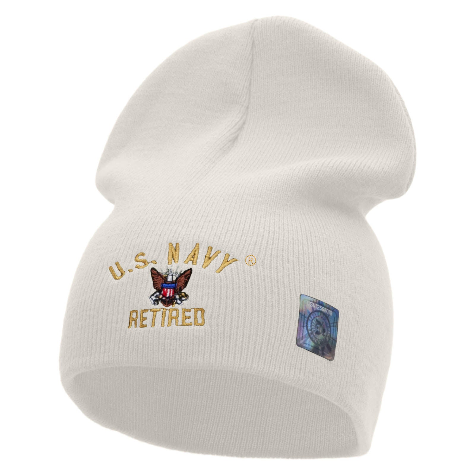 Licensed US Navy Retired Military Embroidered Short Beanie Made in USA - White OSFM