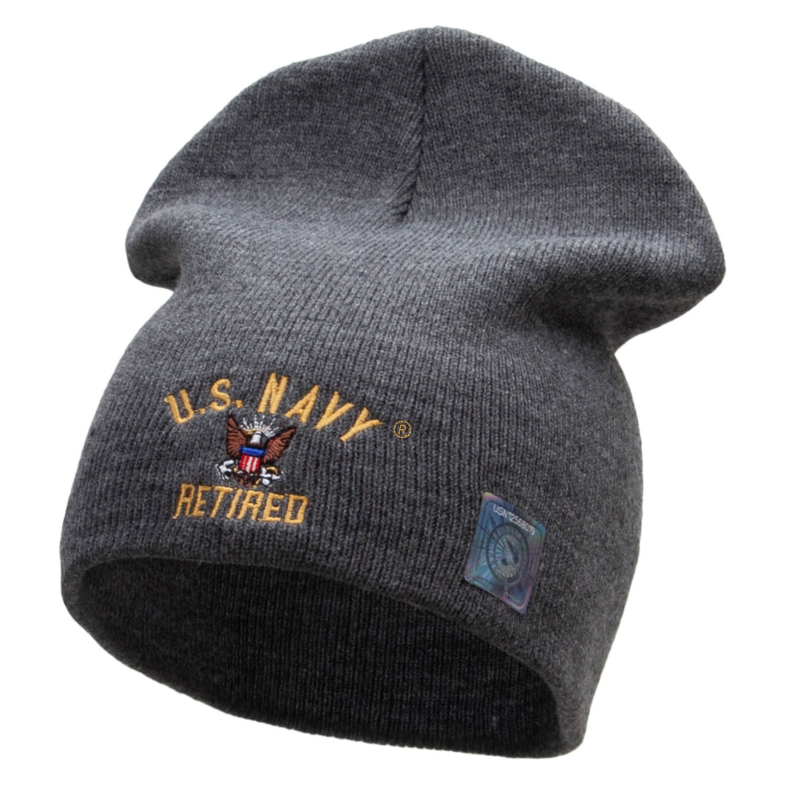Licensed US Navy Retired Military Embroidered Short Beanie Made in USA - Charcoal OSFM