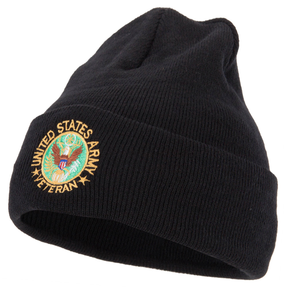 US Army Veteran Circle Embroidered 12 Inch Long Knitted Beanie - Black OSFM