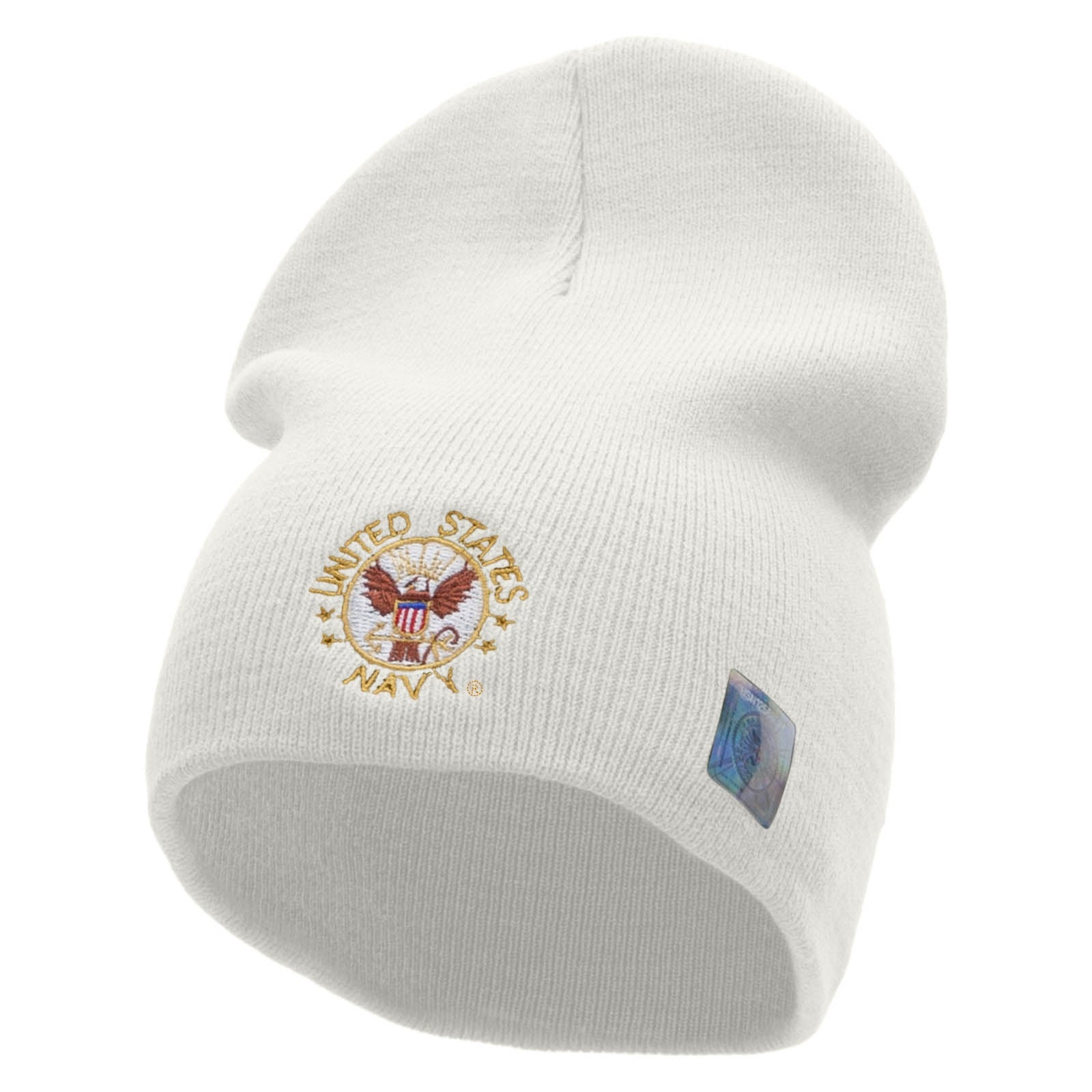 Licensed US Navy Circle Symbol Embroidered Short Beanie Made in USA - White OSFM