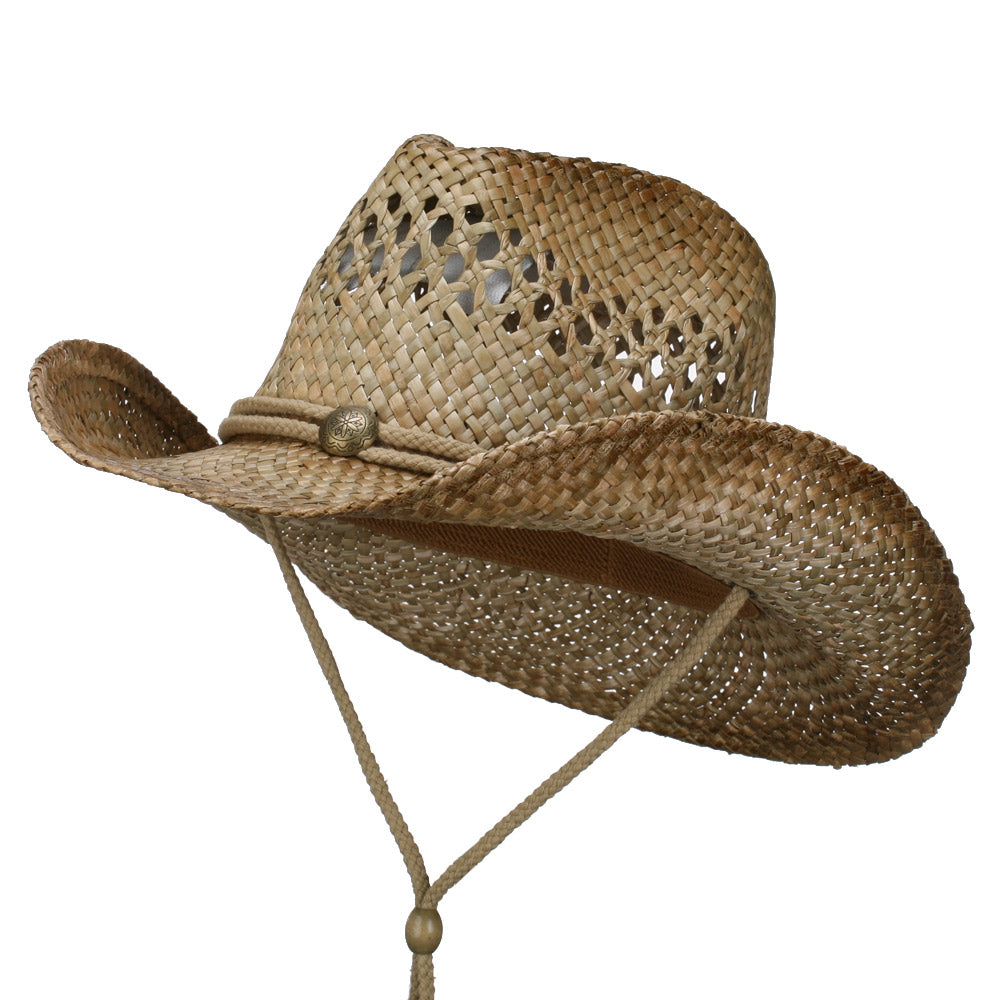 Vented Tea Stained Raffia Hat with String - String OSFM