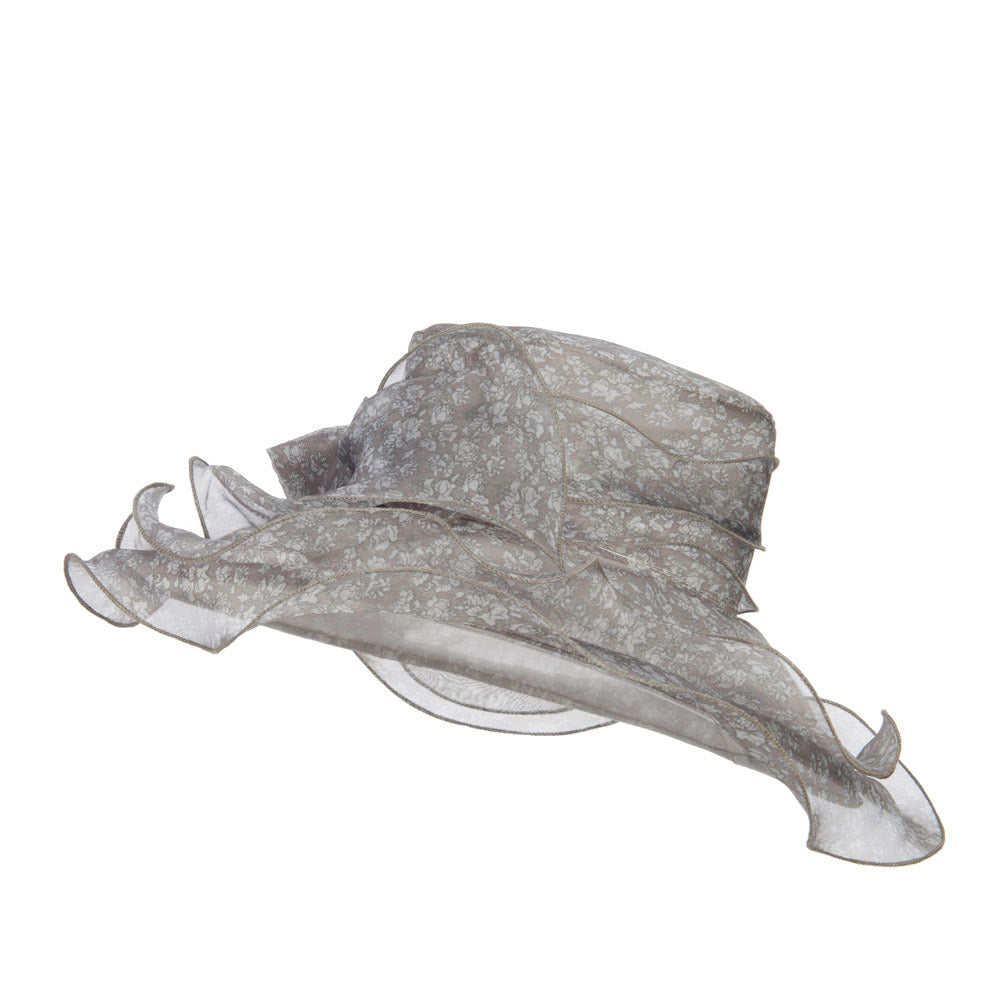 Bow Accent Flower Printed Organza Hat - Grey OSFM