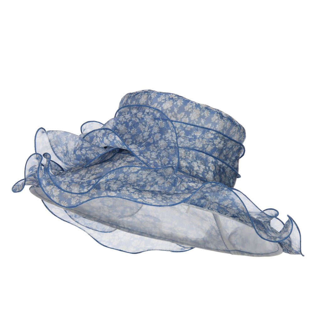 Bow Accent Flower Printed Organza Hat - Blue OSFM