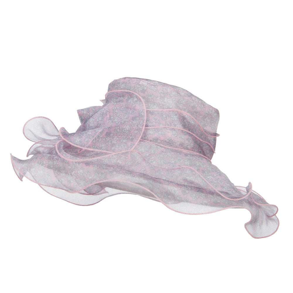 Bow Accent Flower Printed Organza Hat - Pink OSFM