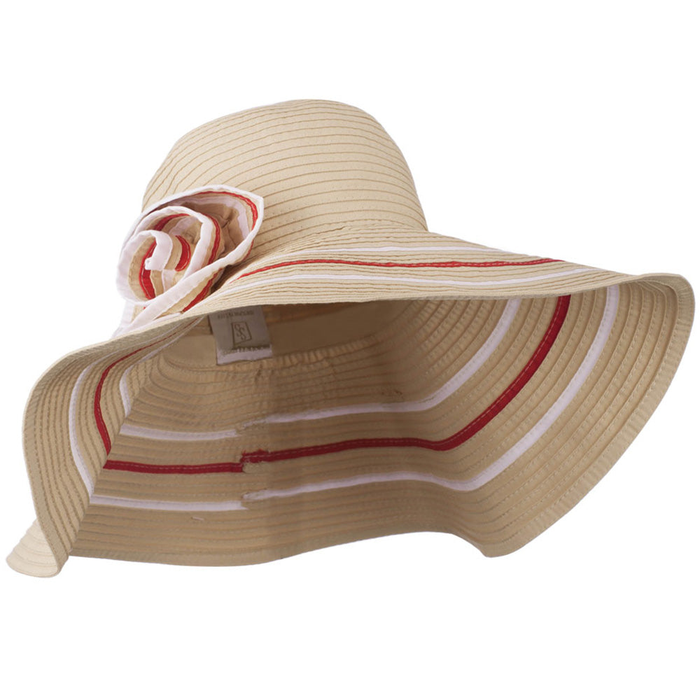 Wide Brim Hat with Flower Accent - Beige OSFM