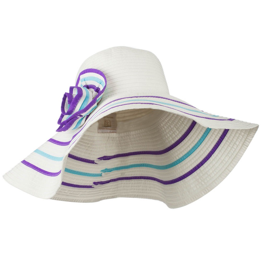 Wide Brim Hat with Flower Accent - White OSFM