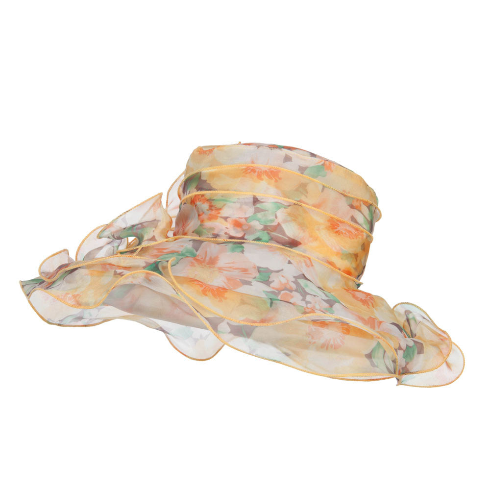 Flower Printed Ruffled Organza Hat - Yellow OSFM