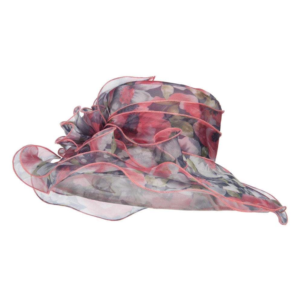 Flower Printed Ruffled Organza Hat - Red OSFM