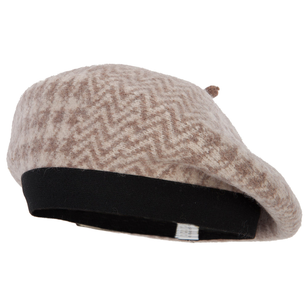 Women&#039;s Wool Zig Zag Herringbone Two Tone Pattern Beret Hat - Beige OSFM