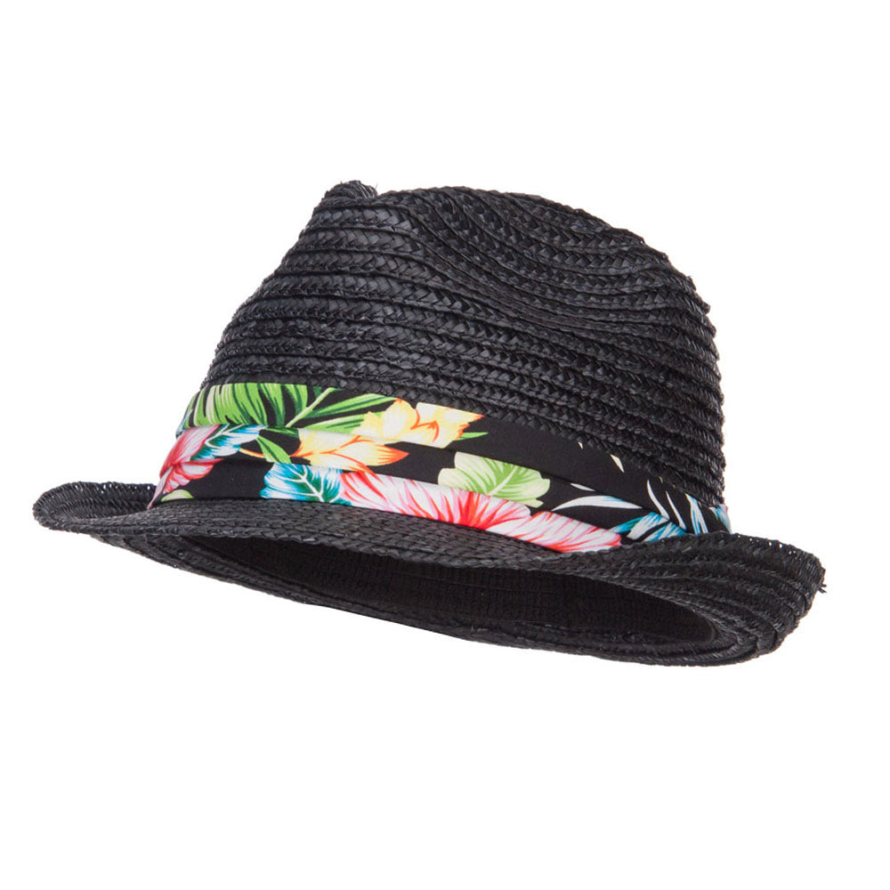 Wheat Braid Floral Band Straw Fedora - Black OSFM