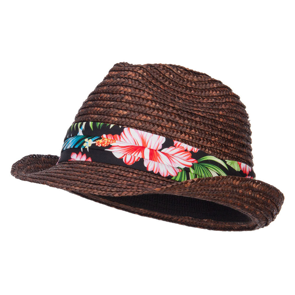 Wheat Braid Floral Band Straw Fedora - Brown OSFM