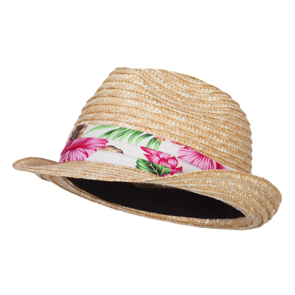 Wheat Braid Floral Band Straw Fedora - Natural OSFM