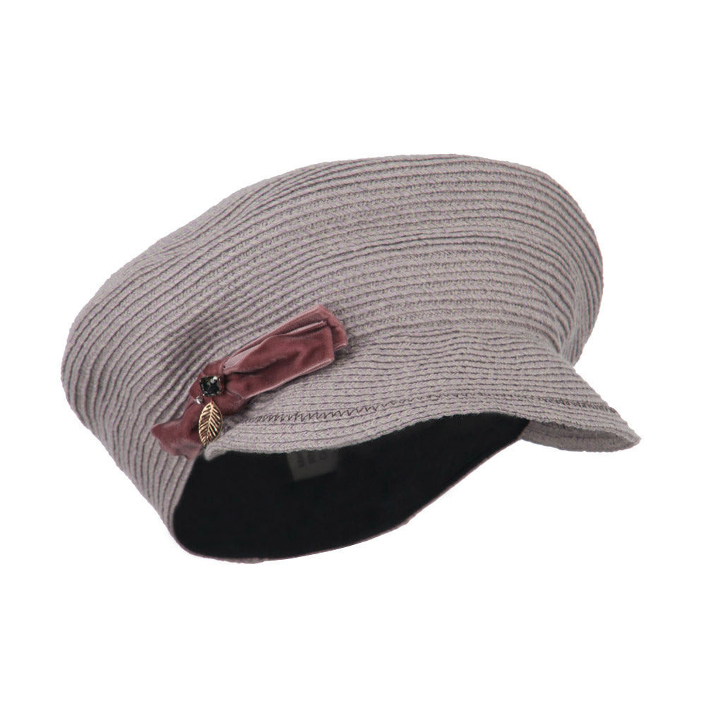 Women&#039;s Paper Braid Newsboy Hat with Velvet Bow Trim - Lavender OSFM