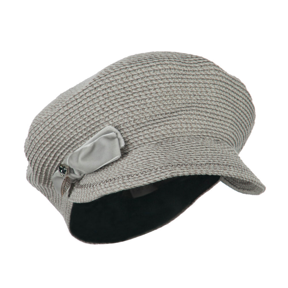 Women&#039;s Paper Braid Newsboy Hat with Velvet Bow Trim - Taupe OSFM