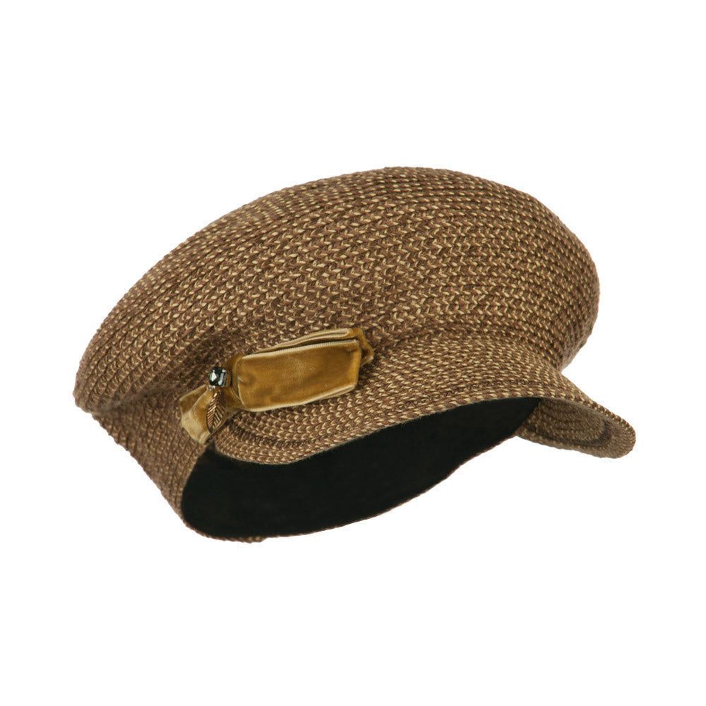 Women&#039;s Paper Braid Newsboy Hat with Velvet Bow Trim - Brown OSFM