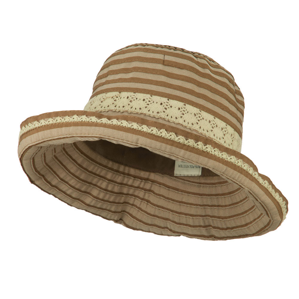 Woman&#039;s Stripe Design Crushable Hat with Lace Accent - Brown OSFM