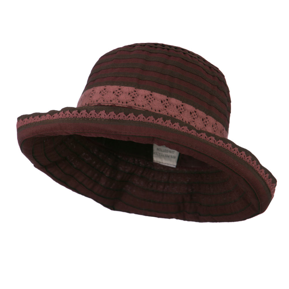 Woman&#039;s Stripe Design Crushable Hat with Lace Accent - Wine OSFM