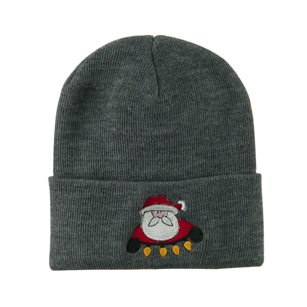 Santa with Christmas Lights Embroidered Beanie - Grey OSFM