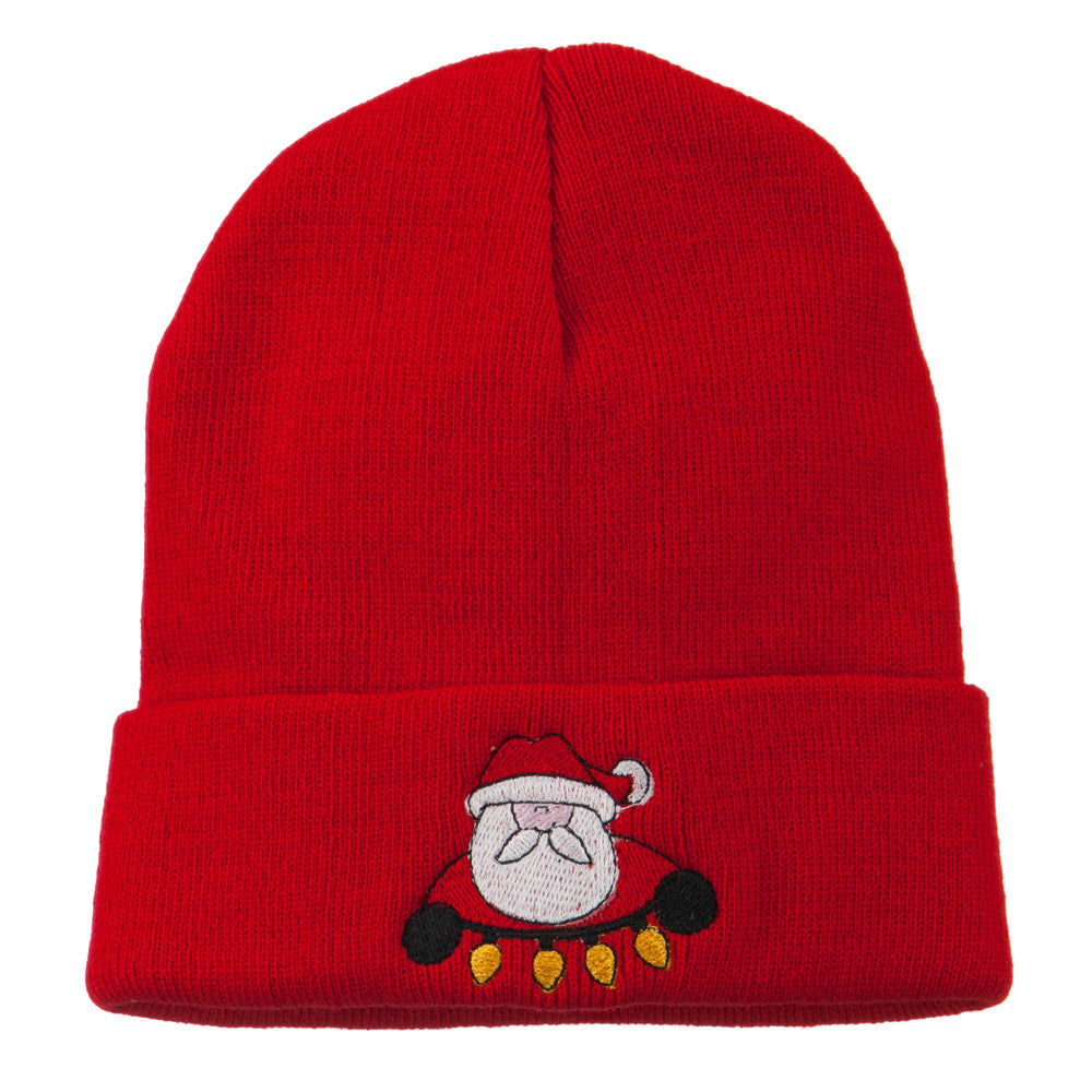 Santa with Christmas Lights Embroidered Beanie - Red OSFM
