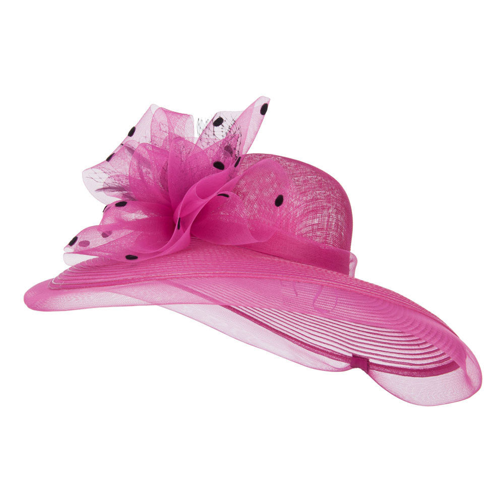 Polka Dot Net Bow Wide Sinamay Hat - Hot Pink OSFM