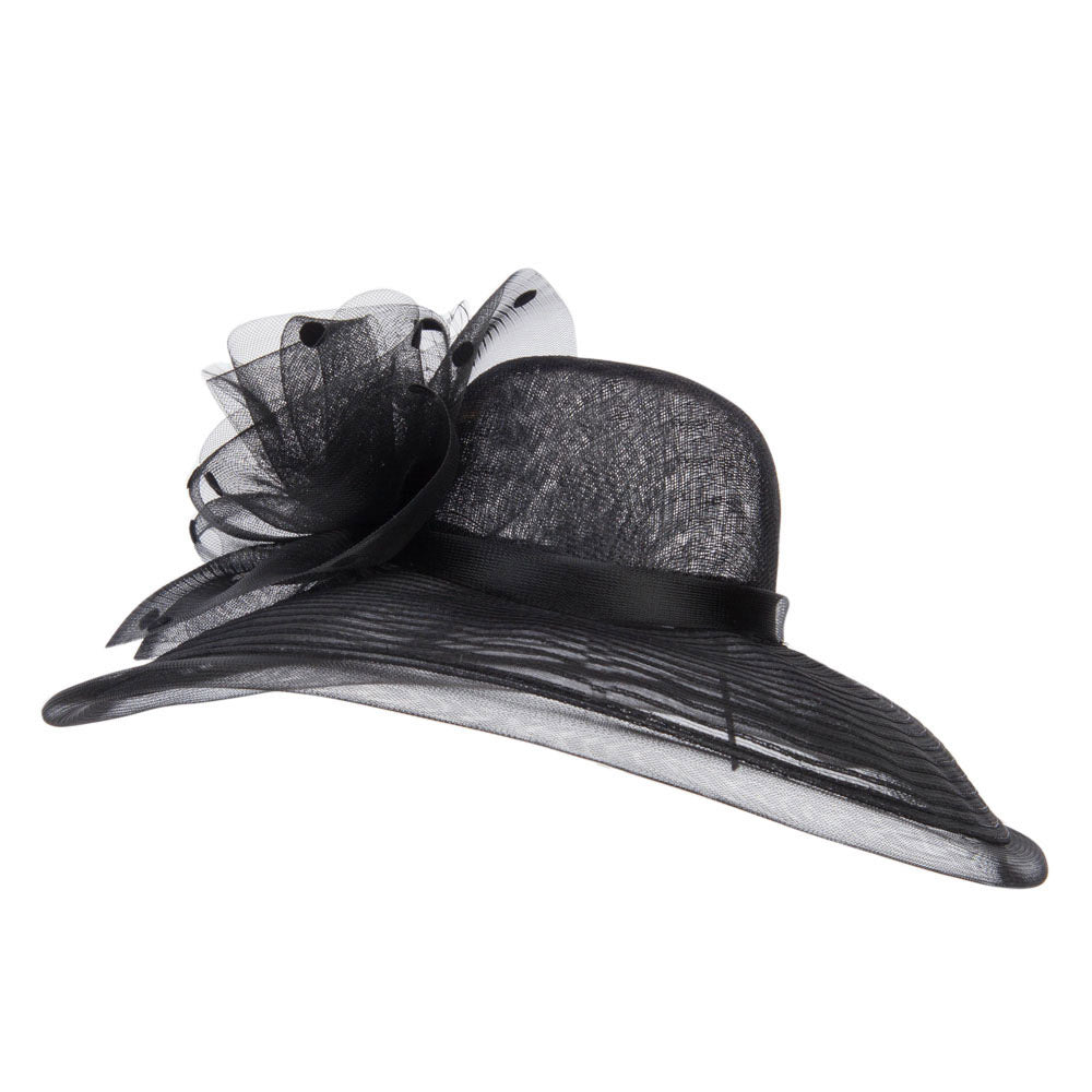 Polka Dot Net Bow Wide Sinamay Hat - Black OSFM