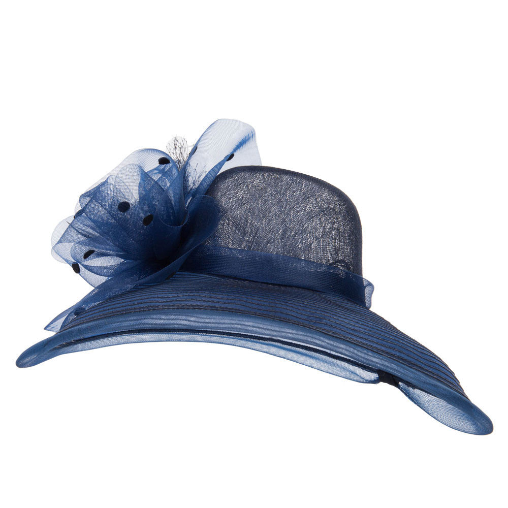 Polka Dot Net Bow Wide Sinamay Hat - Navy OSFM