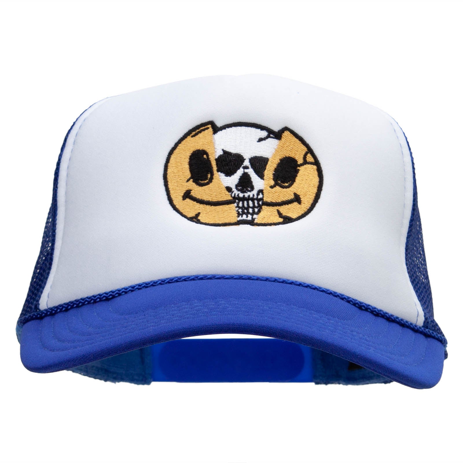 Skull Smile Embroidered Foam Panel Mesh Snapback - Royal White OSFM