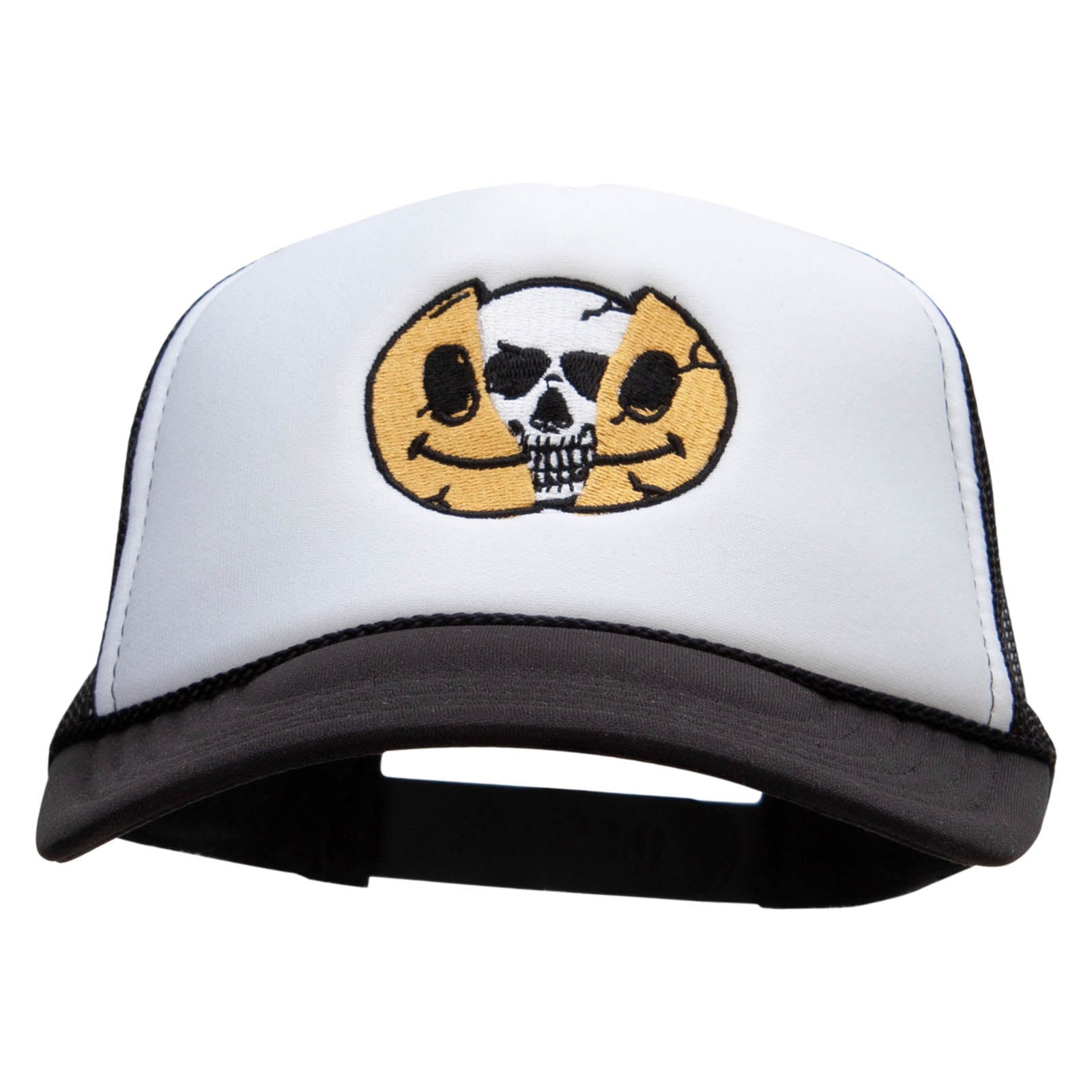 Skull Smile Embroidered Foam Panel Mesh Snapback - Black White OSFM