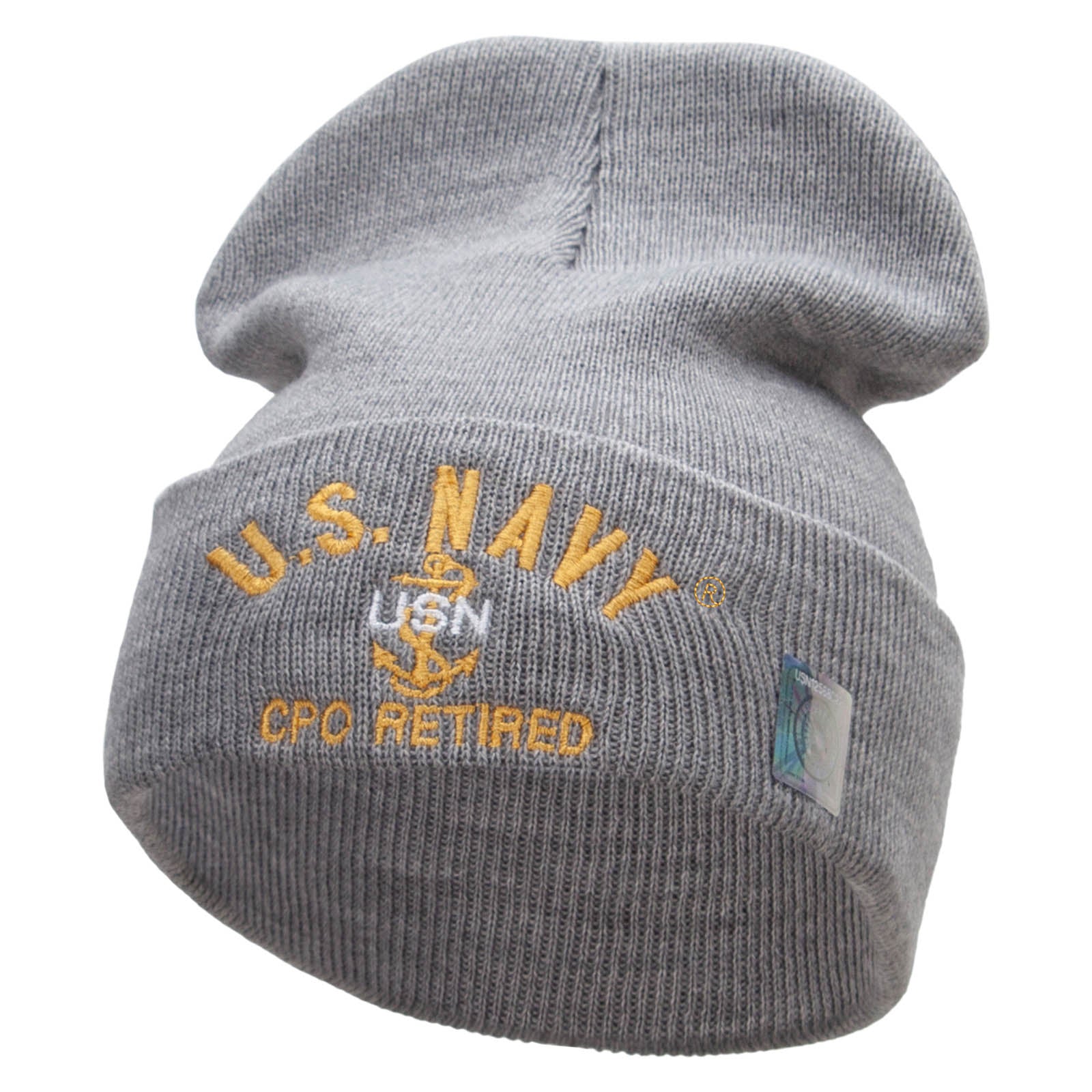 Licensed US Navy CPO Retired Military Embroidered Long Beanie Made in USA - Lt Grey OSFM