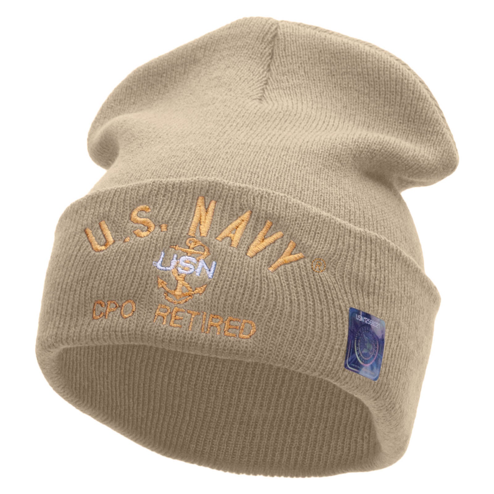 Licensed US Navy CPO Retired Military Embroidered Long Beanie Made in USA - Khaki OSFM