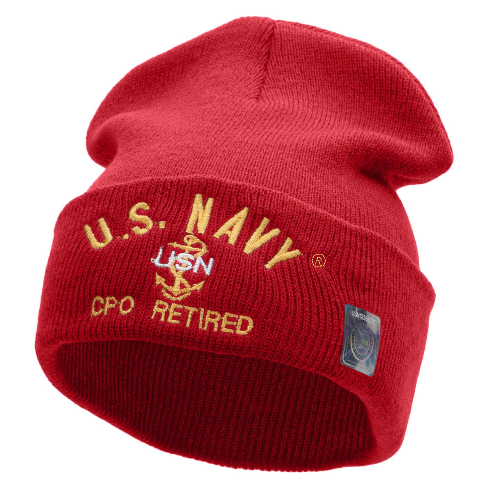 Licensed US Navy CPO Retired Military Embroidered Long Beanie Made in USA - Red OSFM