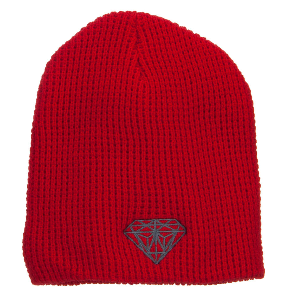 Grey Diamond Embroidered Waffle Short Beanie - Red XL-3XL