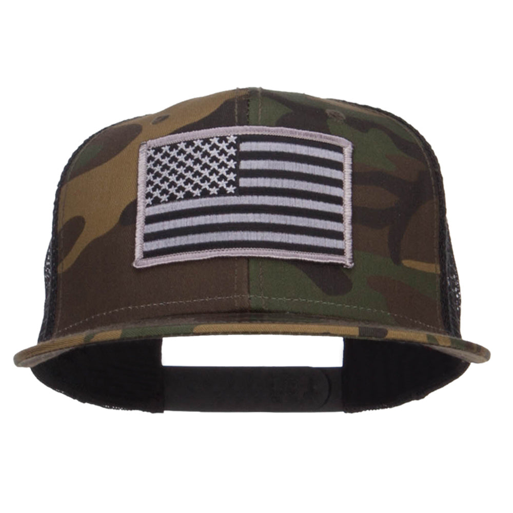 Grey American Flag Patched Camo Mesh Snapback - Camo Black OSFM