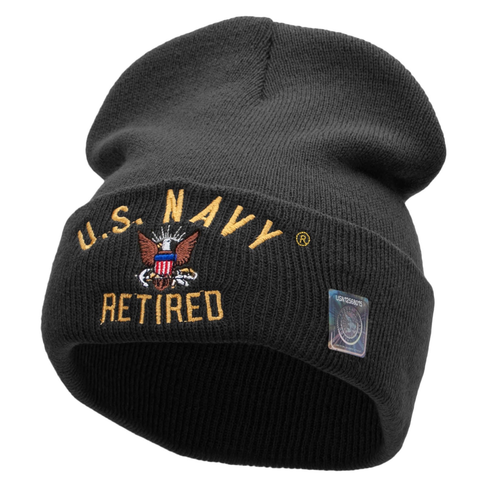 Licensed US Navy Retired Logo Embroidered Long Beanie Made in USA - Black OSFM