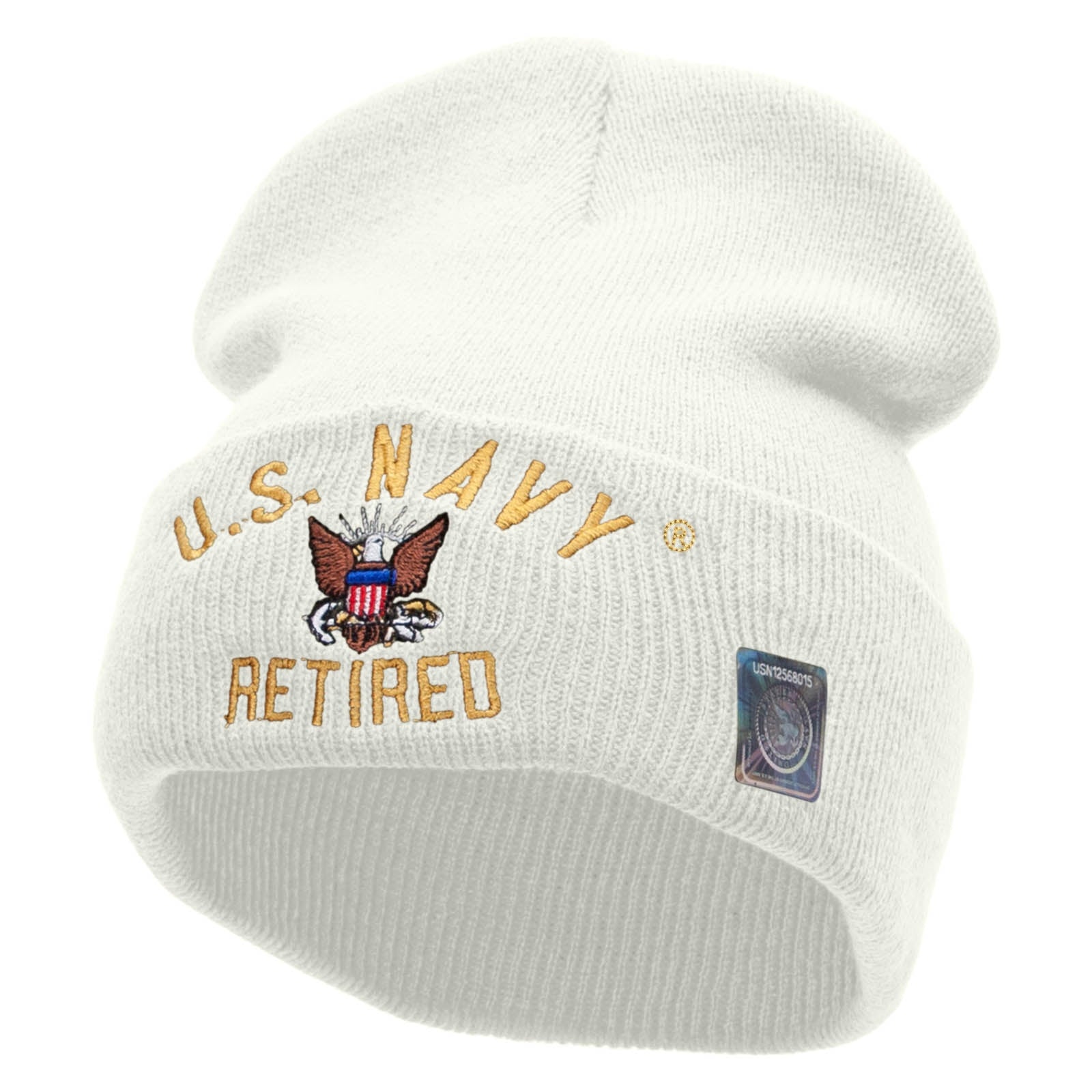Licensed US Navy Retired Logo Embroidered Long Beanie Made in USA - White OSFM