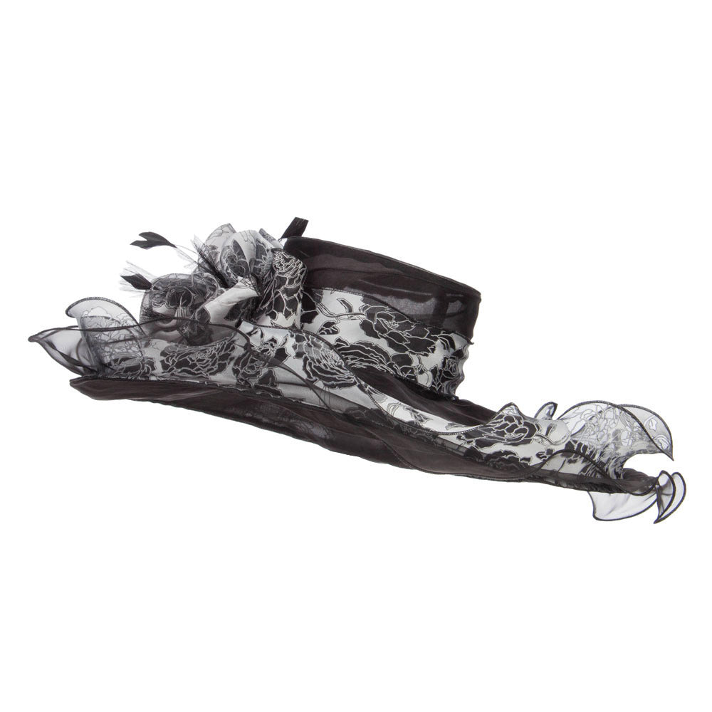 Floral Ruffle Brim Organza Hat - Black OSFM