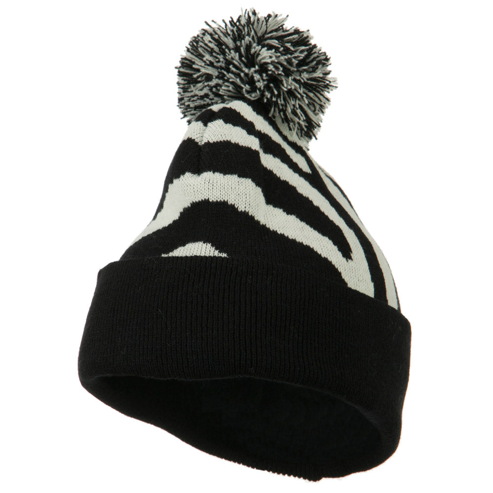 Zebra Knitted Pom Pom Accented Hat - Black OSFM