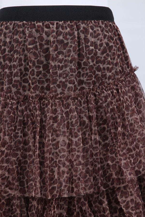 High Waist Ruffled Mesh Leopard Maxi Skirt