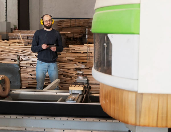 Warehouse worker using wood platform truck