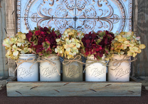 MASON Jar Centerpiece *3 QUART Jars in Wood Tray (Flowers optional) Table  Decor