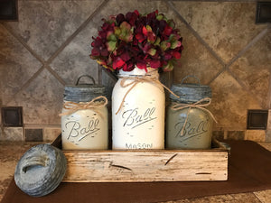 MASON Jar Kitchen Decor DOVE GRAY Tray Set, Cotton Ball, Tall Quilted,  Quart Vase With Flower, Soap Dispenser, Mini Q-tip Jars 