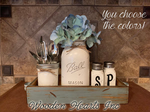 Kitchen Mason Jar Decor Wood TRAY 7pc SET, Salt & Pepper Flower Utensil  Holder Soap Dispenser