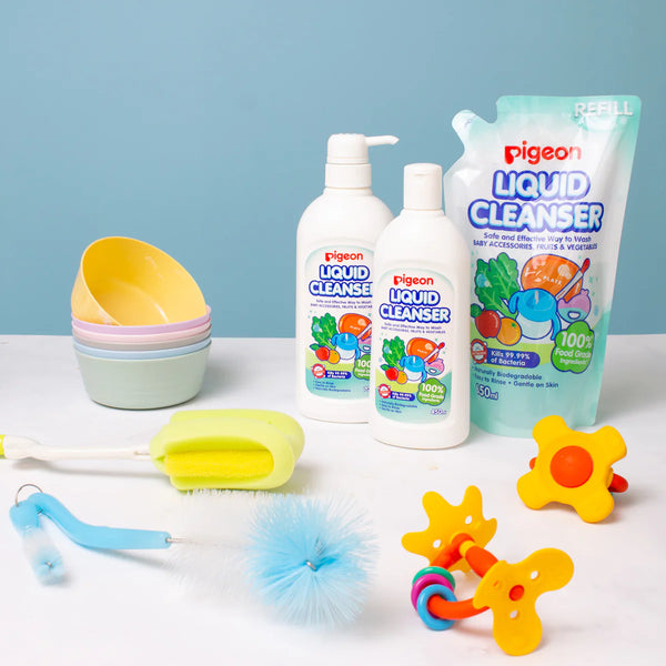 pigeon cleaning products, featuring liquid cleaner, teethers and bottle brush