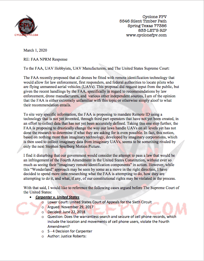 Cyclone FPV FAA Response to Remote ID Proposal Page 1