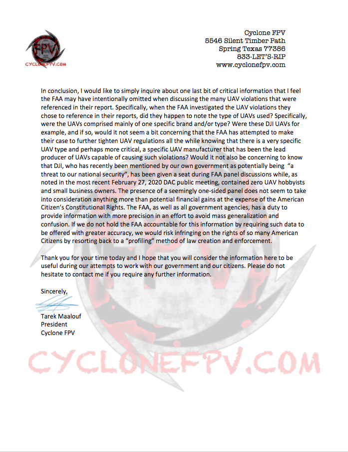 Cyclone FPV FAA Response to Remote ID Proposal Page 9