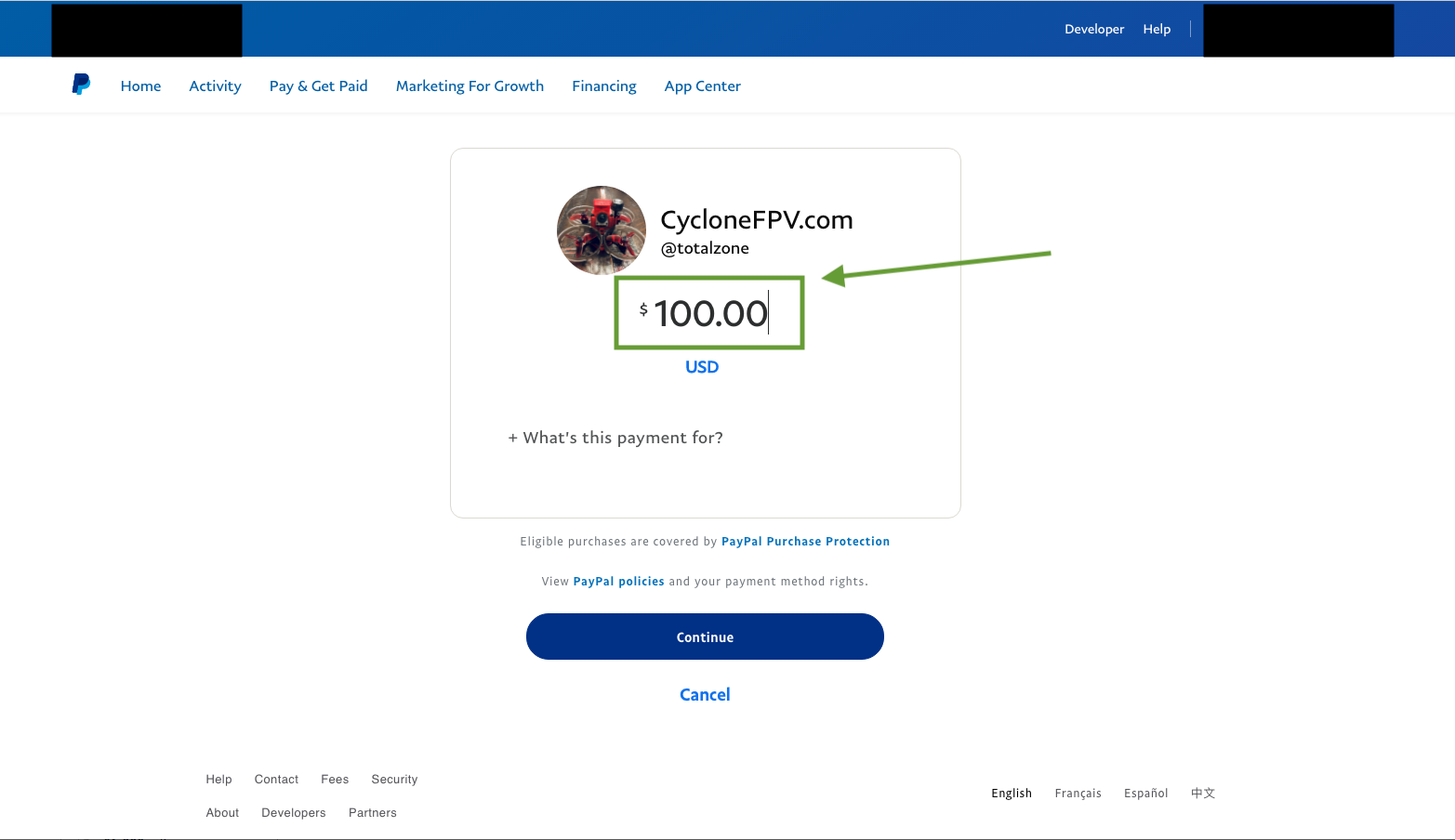 PayPal Friends and Family with CycloneFPV