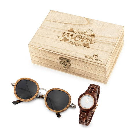 Die Geschenkebox "Best Mom Aphrodite" mit Uhr und Sonnenbrille aus edlem Holz